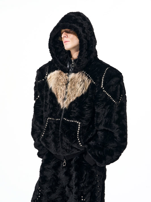 Contrast Color Heart Thickened Faux Mink Hooded Jacket / Pants