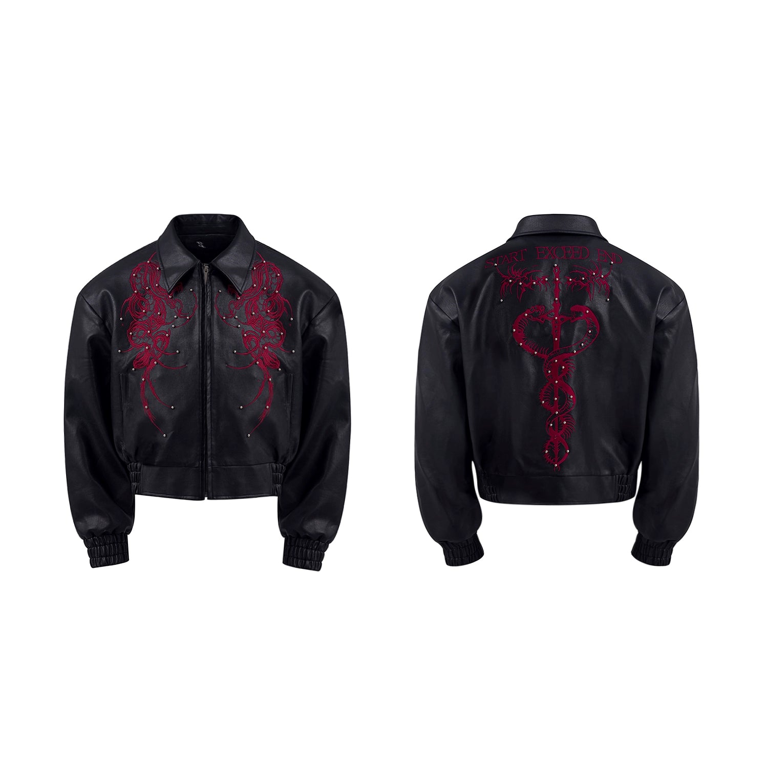 【25s Sep.】Cropped Faux Leather Jacket with Thorn Embroidery