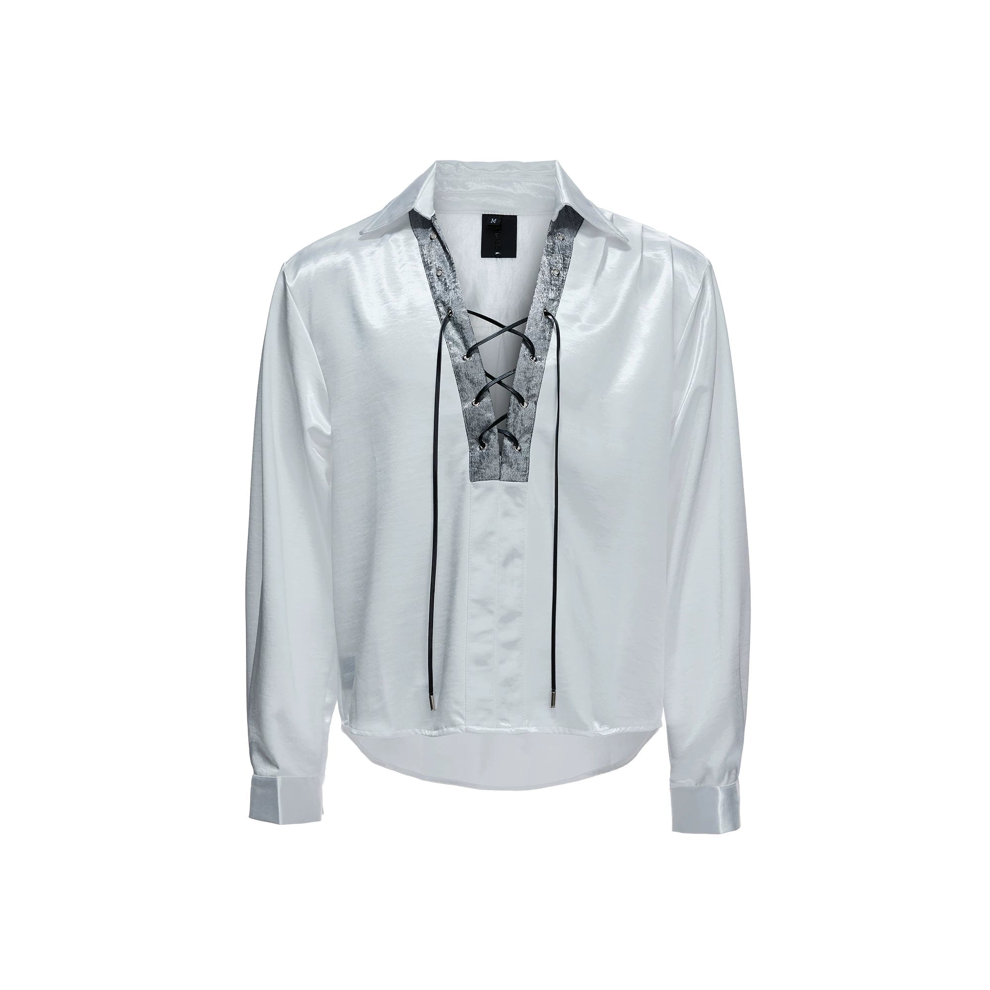 Contrast Lace-Up Satin V-Neck Shirt