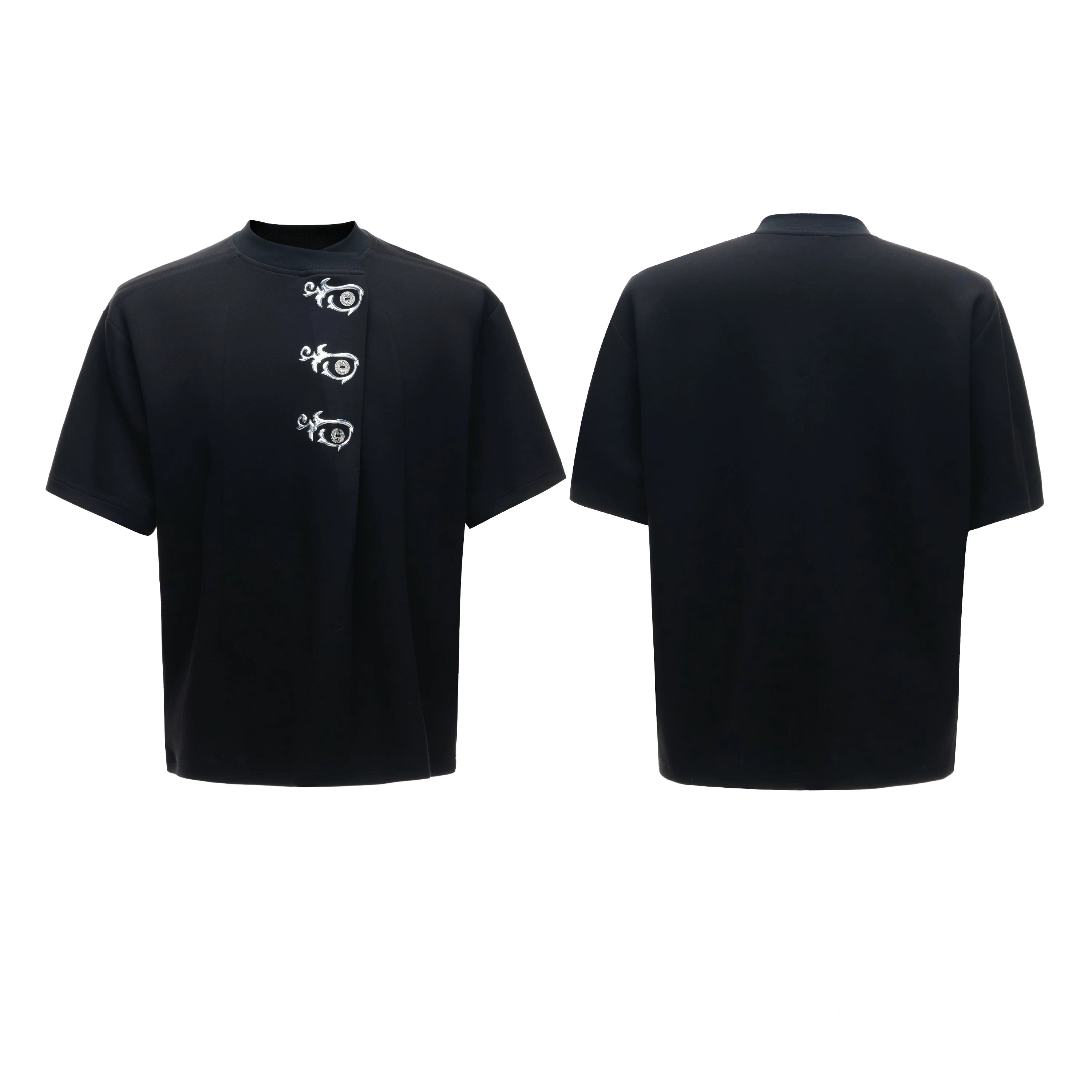 Asymmetric Placket Embroidered Tee