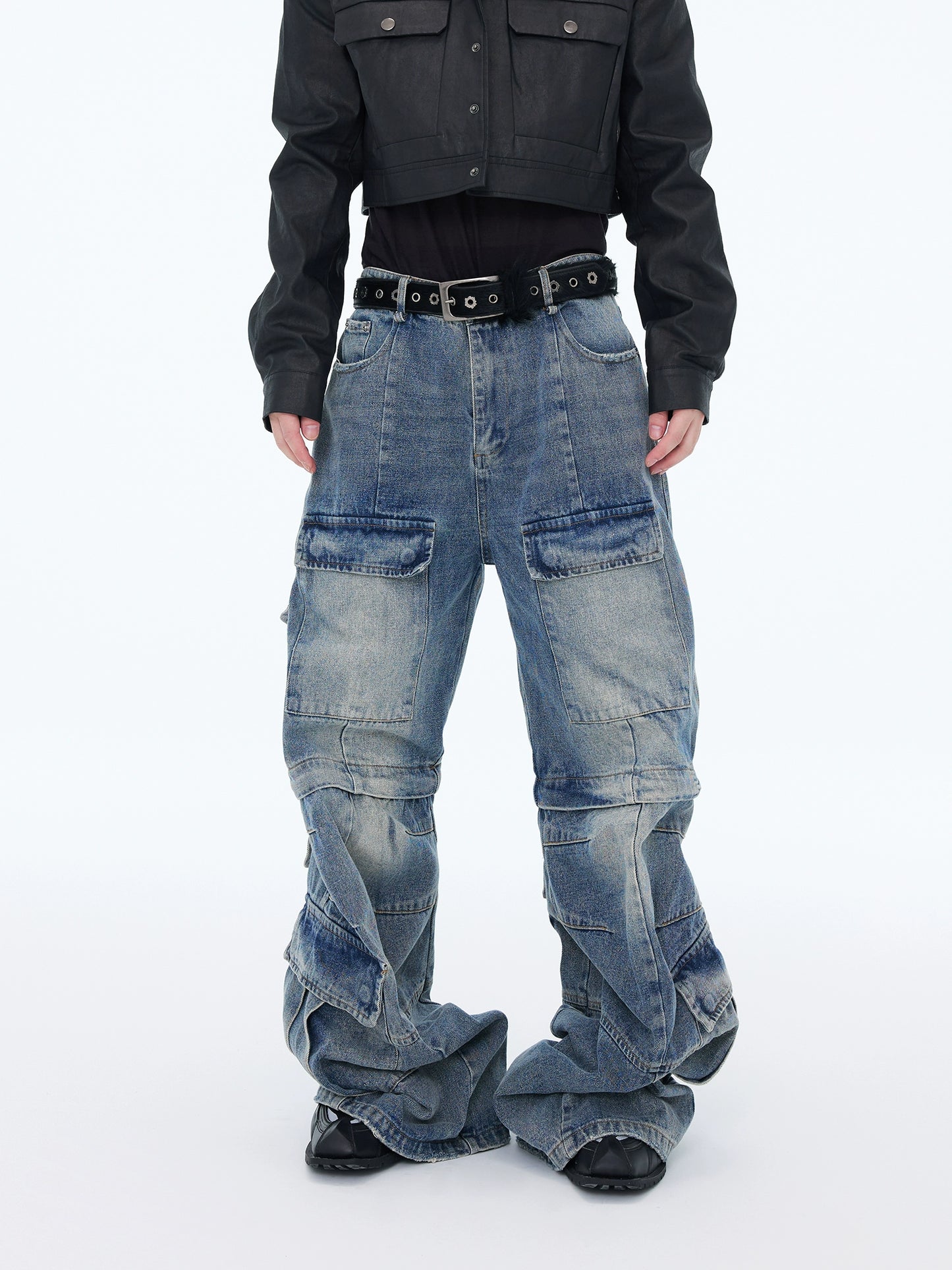 【25s Aug.】Washed Detachable Multi-Pocket Wide-Leg Jeans