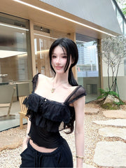 【26s May】Lace Ruffle Chiffon Bandeau Cami Top