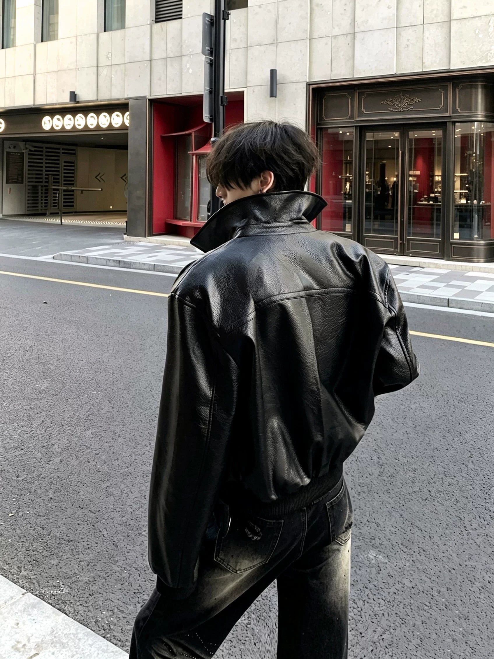 Textured Black Leather Moto Jacket