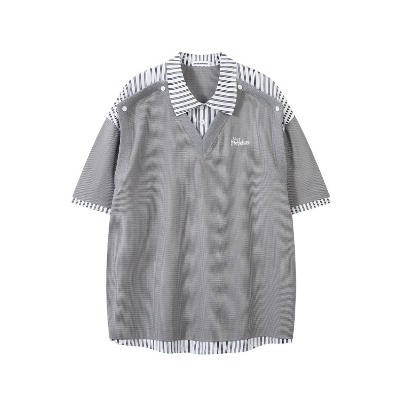 【25s Jul.】Fake Two-Piece Striped Short Sleeve Polo