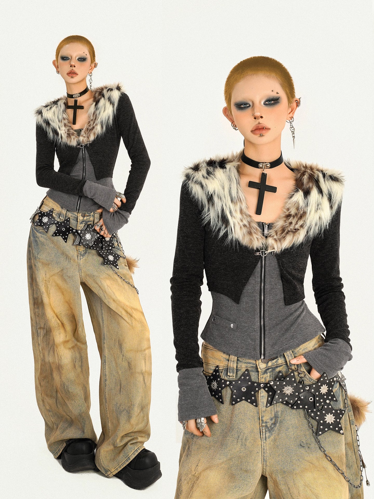 【25s Oct.】Hot Girl Leopard Print Fur Collar Knit Cardigan
