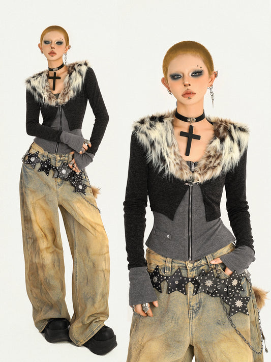 【25s Oct.】Hot Girl Leopard Print Fur Collar Knit Cardigan