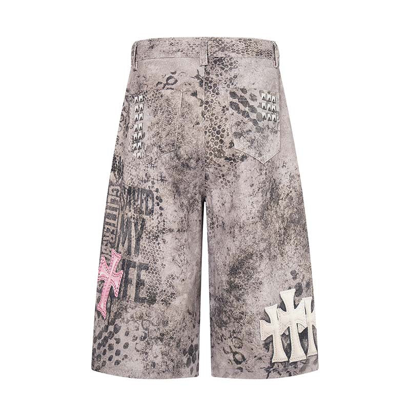 Cross Studded PU Patch Denim Shorts