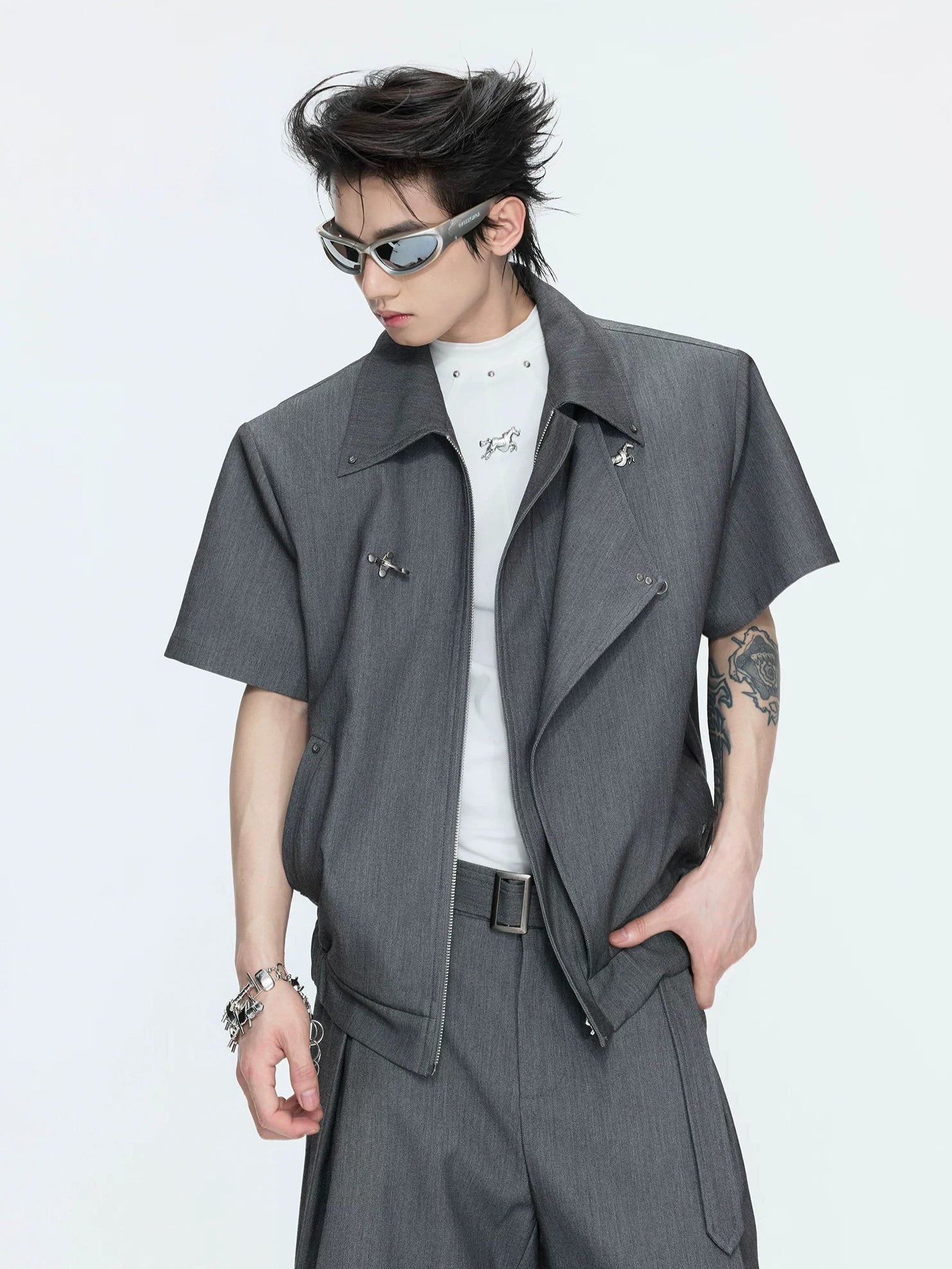 【26s May】Asymmetric Layered Cropped Shoulder Jacket Set