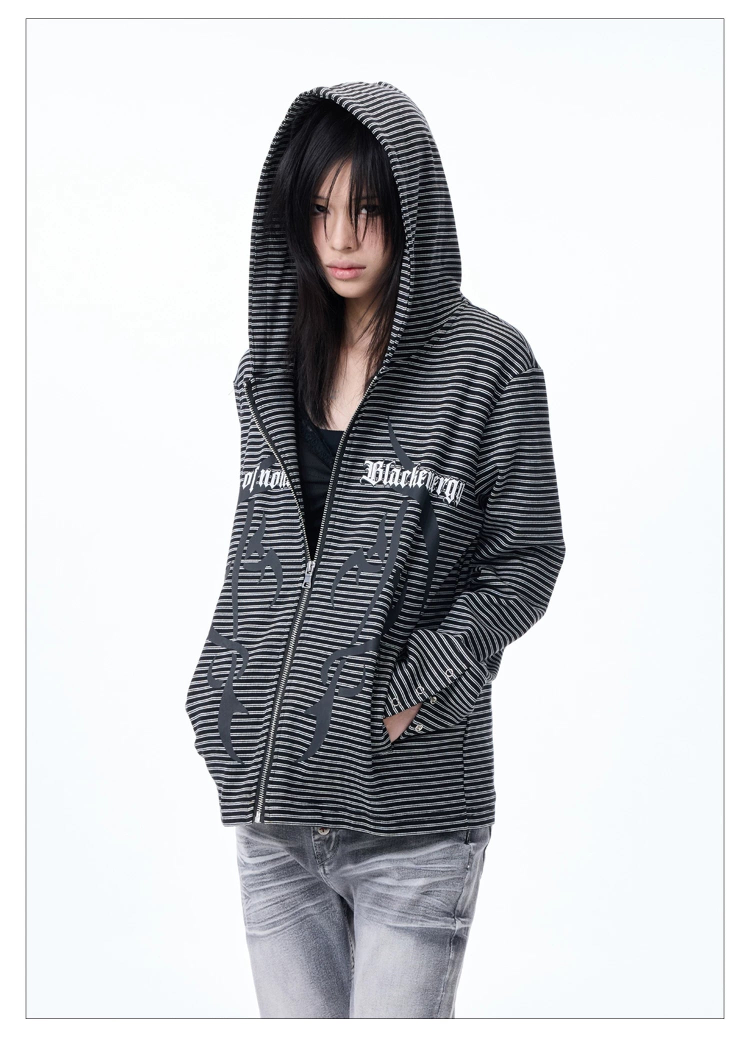 Striped Graphic Cropped Zip Hoodie
