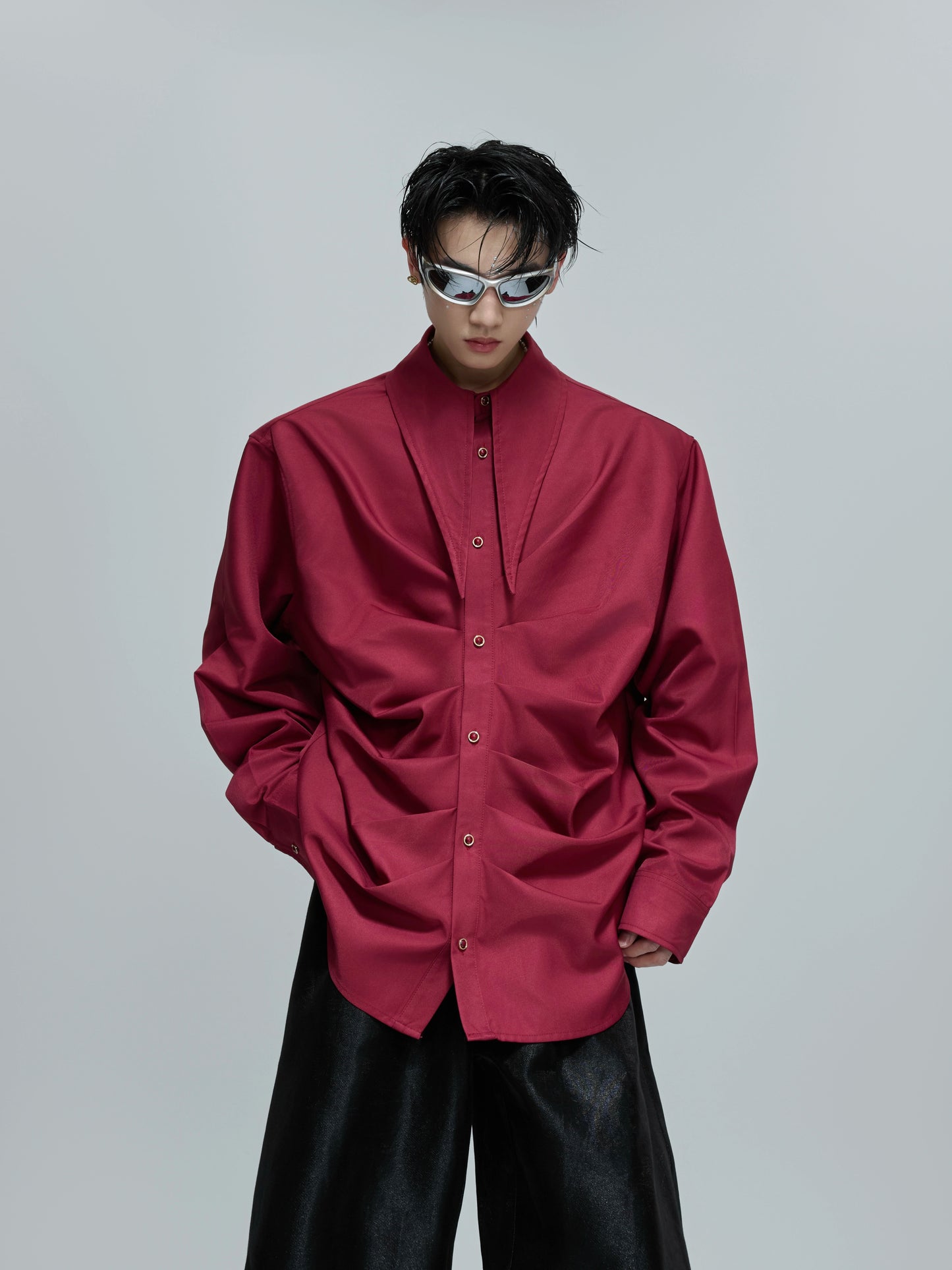 French Neckline Multi-layered Pleated Silk Scarf Shirt