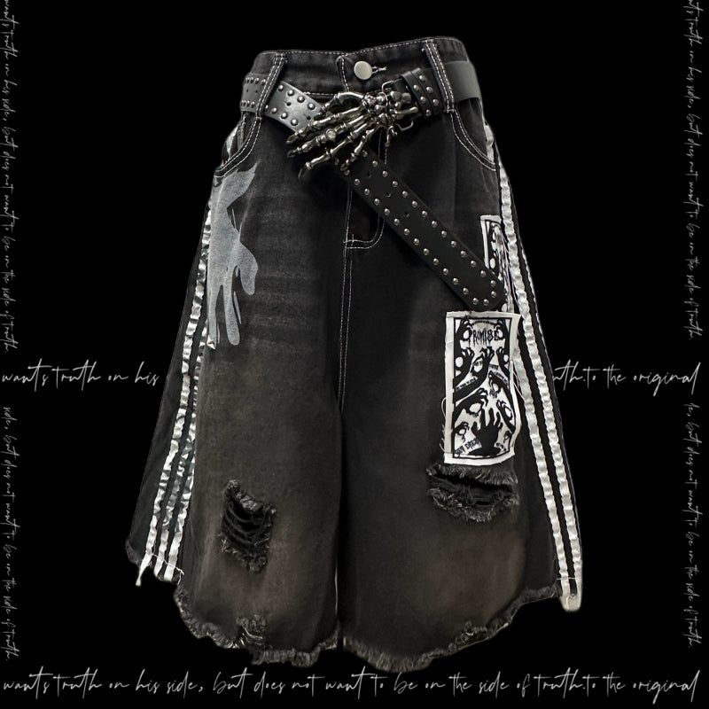 【25s Aug.】Black Striped Distressed Denim Shorts with Patch Details