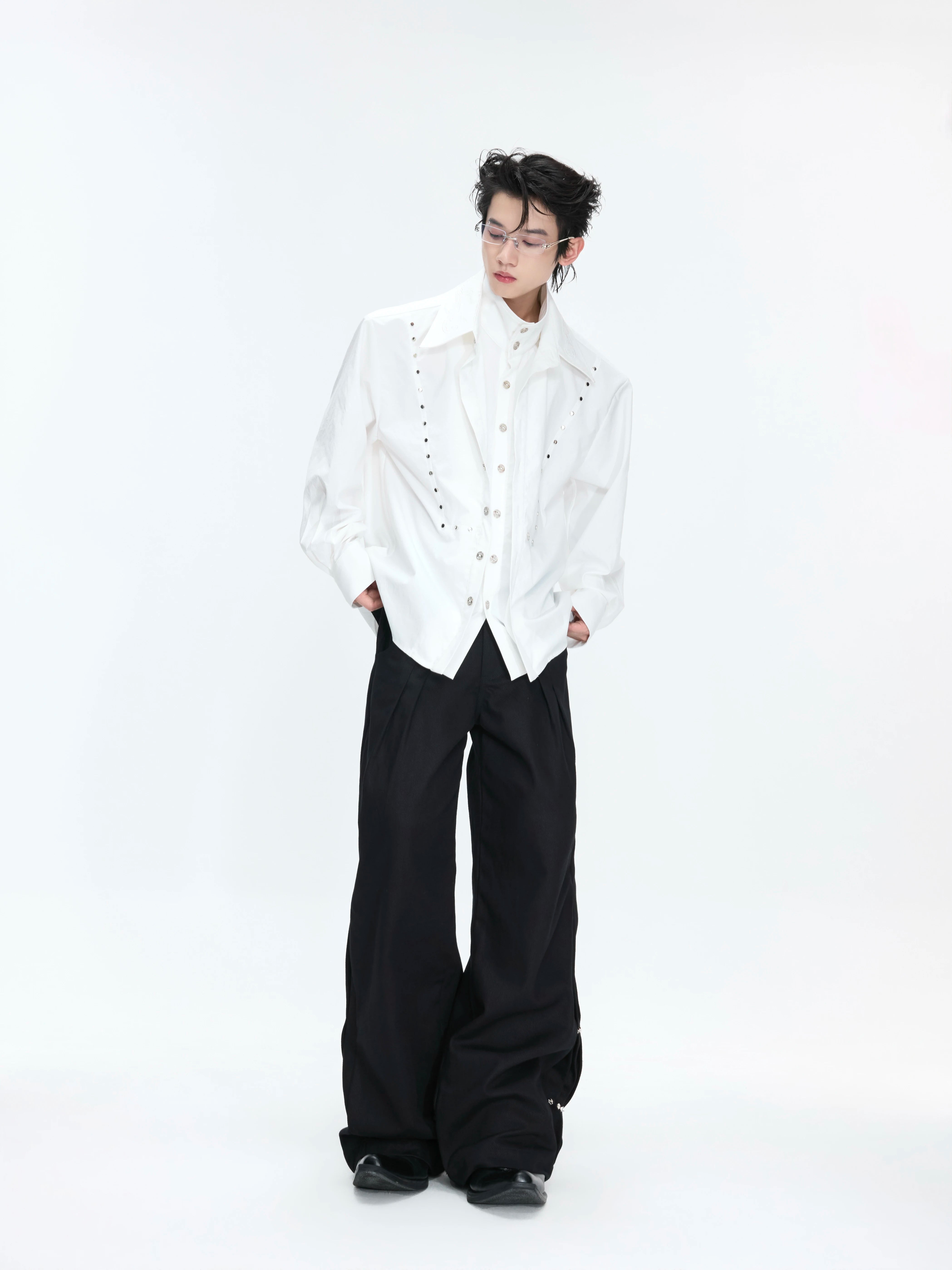 【26s May】Linen Blend Layered Studded Embroidered Shirt
