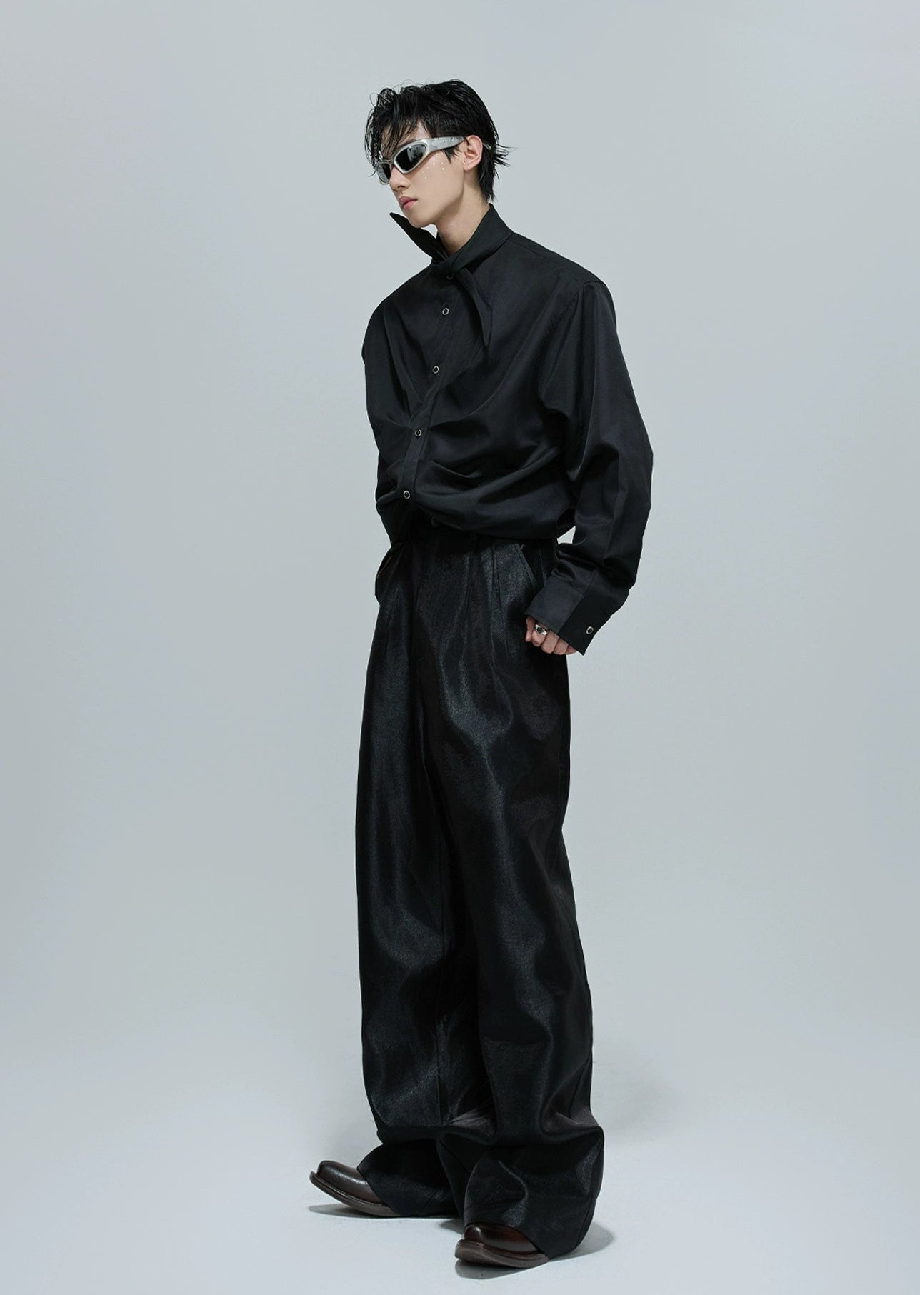 French Neckline Multi-layered Pleated Silk Scarf Shirt