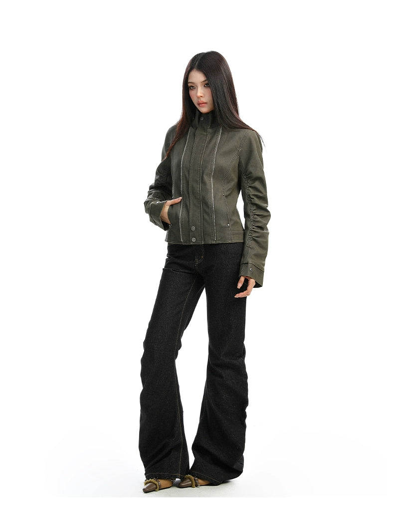 【25s Dec.】Washed Distressed Stand-up Collar Deconstructed Leather Jacket