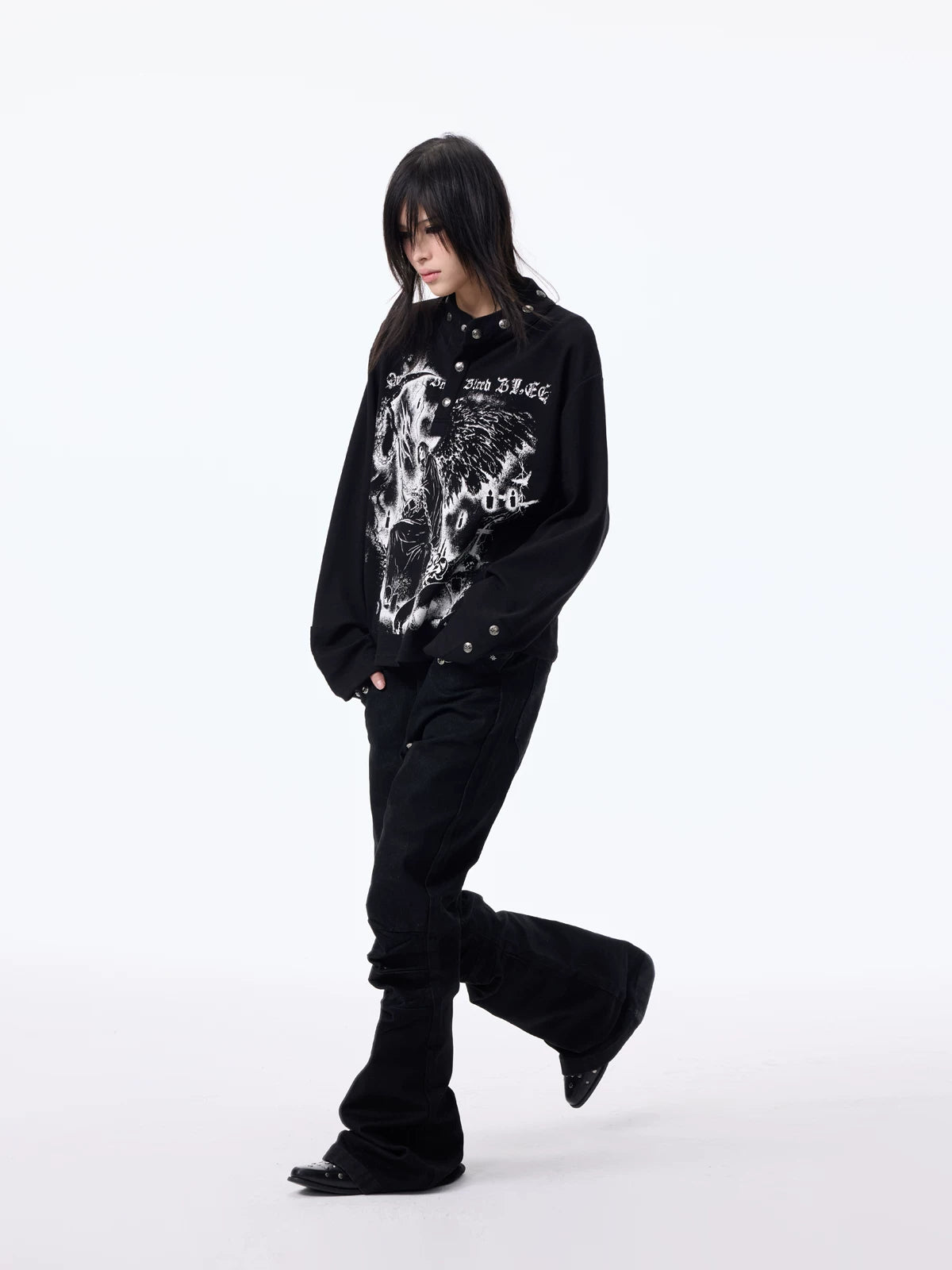 Dark Graphic Button Long Sleeve Tee