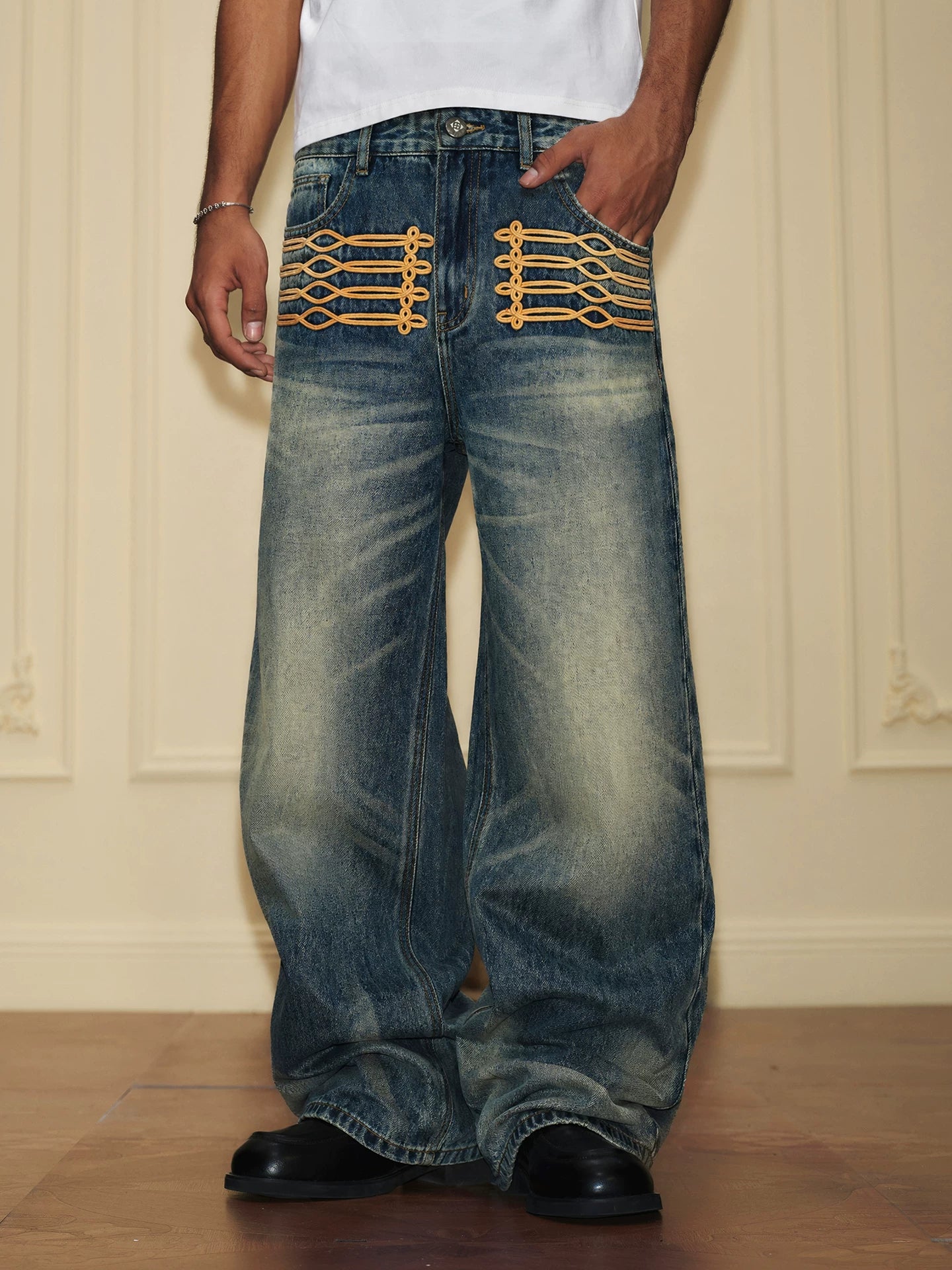 Royal Embroidered Washed Wide-Leg Jeans