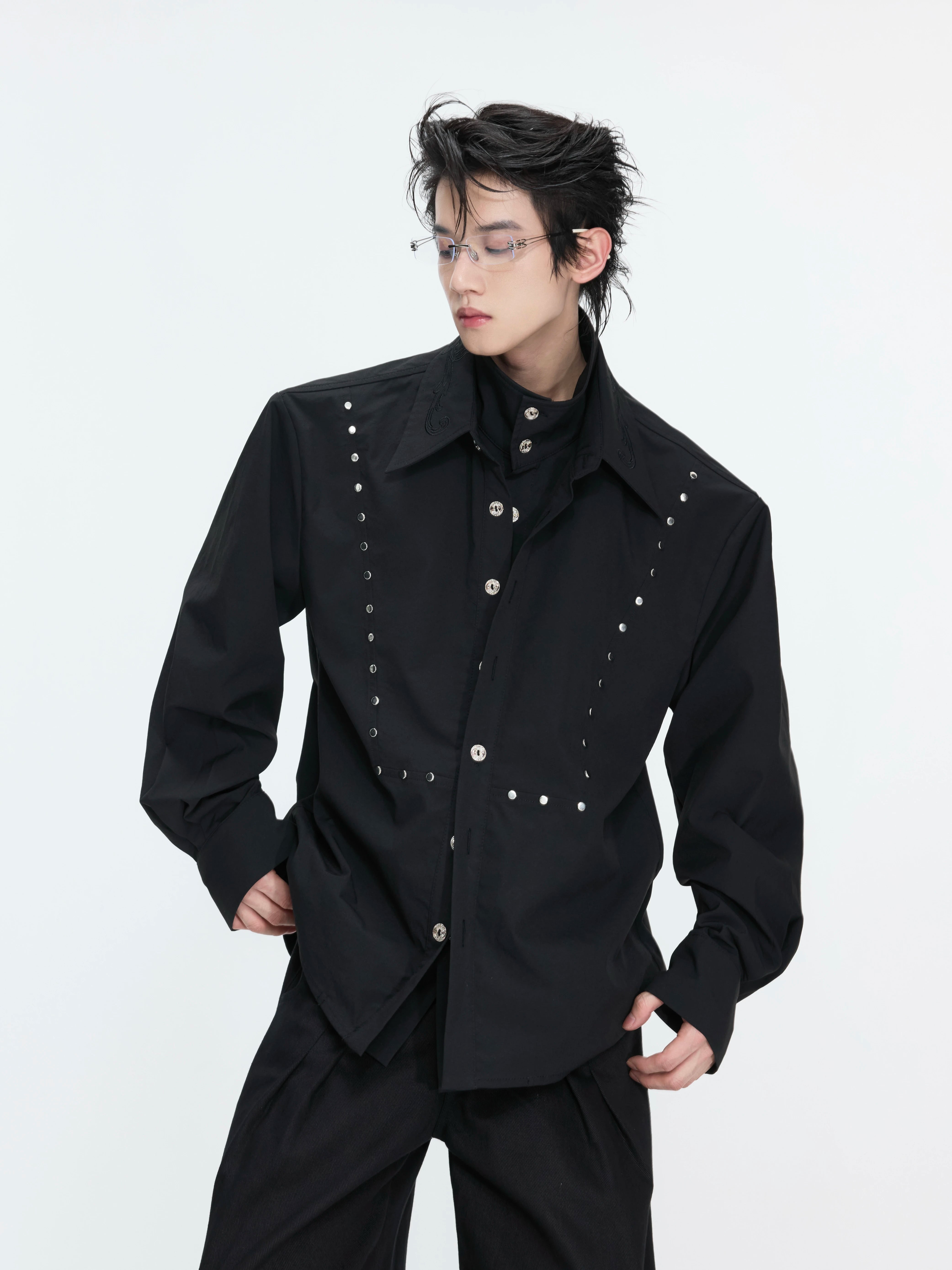【26s May】Linen Blend Layered Studded Embroidered Shirt