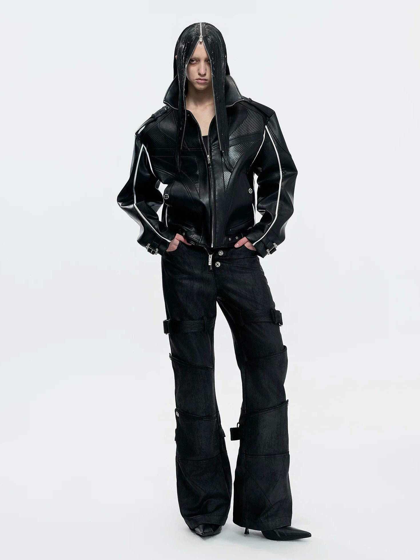 【26s May】Waxed Distressed Zip Panel Straight Denim Pants