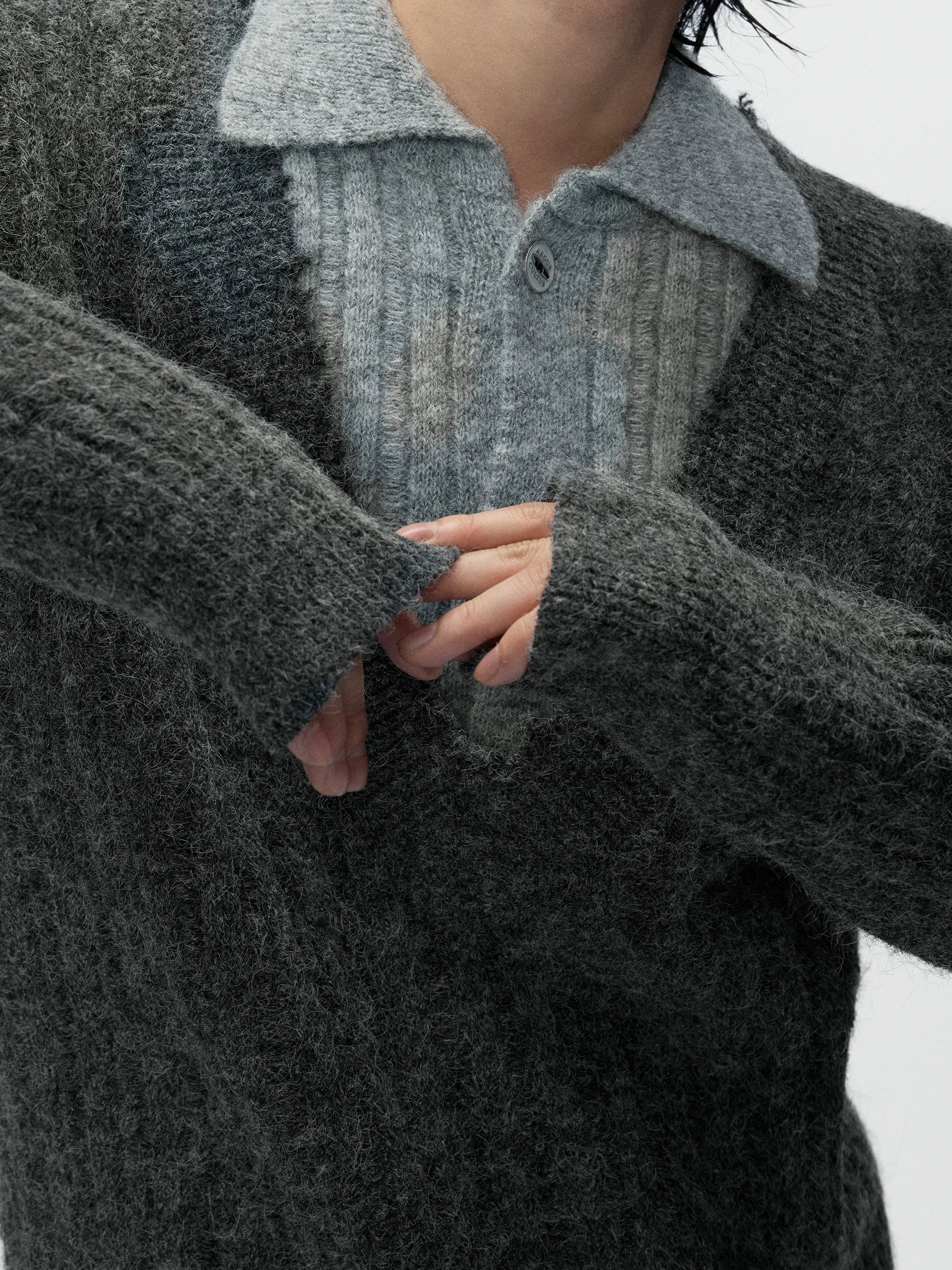 Double Collar Contrast Ribbed Wool Sweater