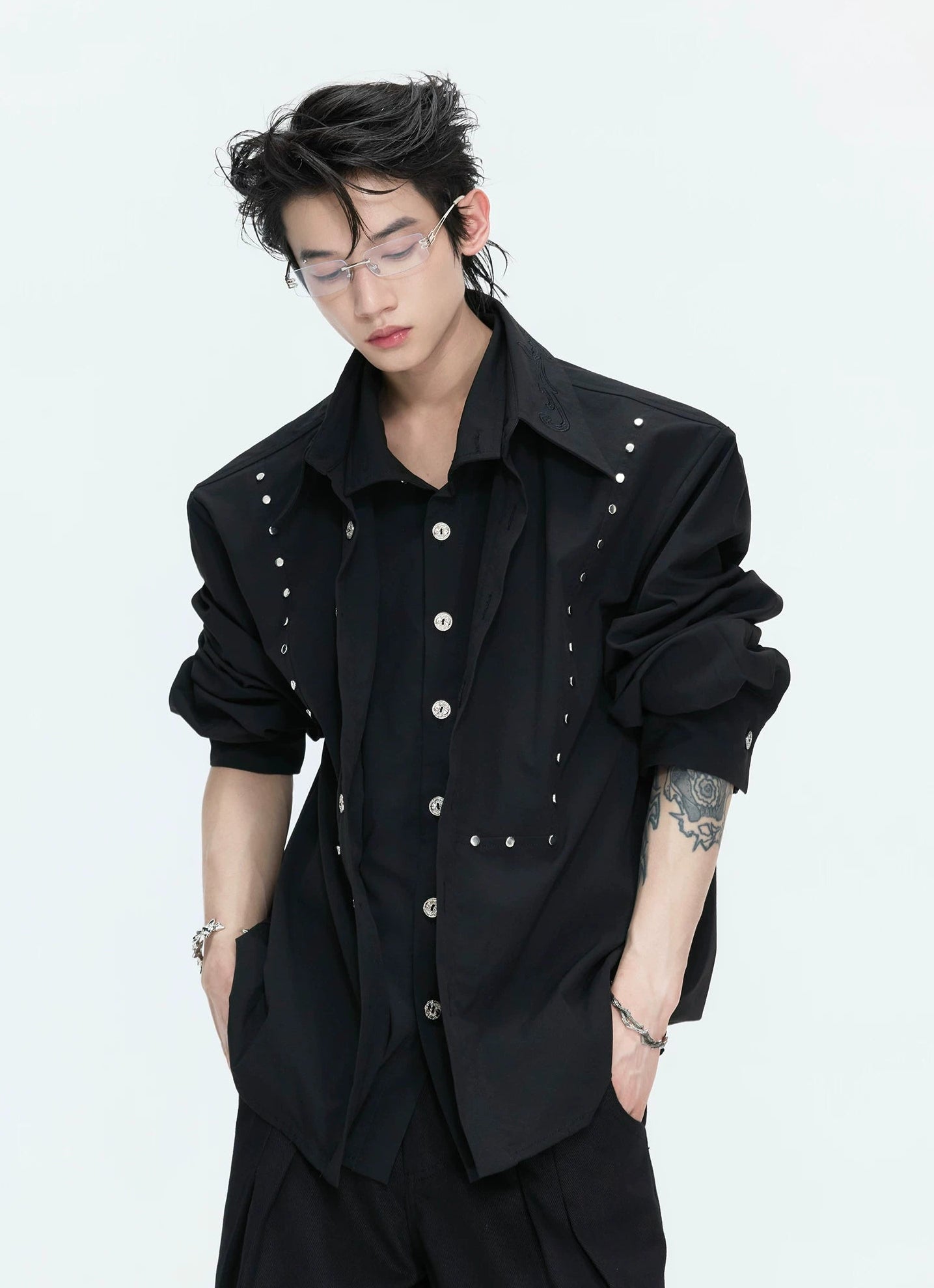 【26s May】Linen Blend Layered Studded Embroidered Shirt