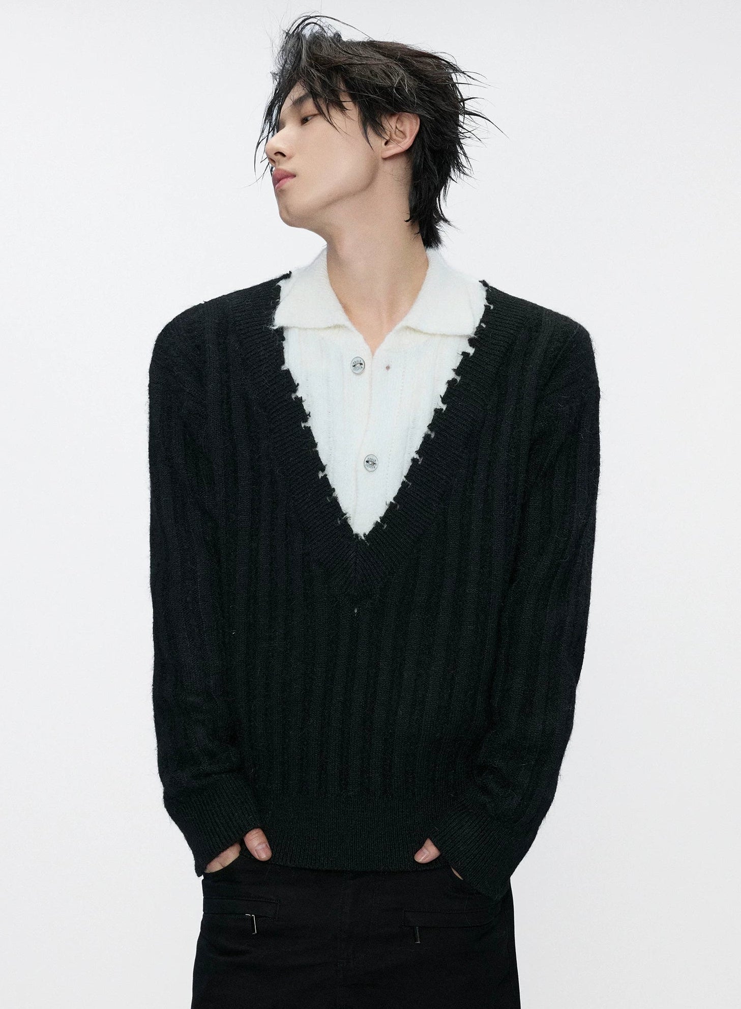 Double Collar Contrast Ribbed Wool Sweater