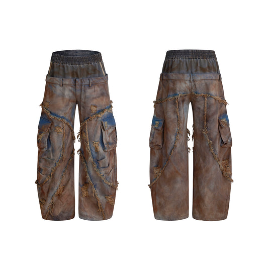 【25s Aug.】Deconstructed Wasteland Style Distressed Mud-dyed Denim Jacket / Patchwork Jeans