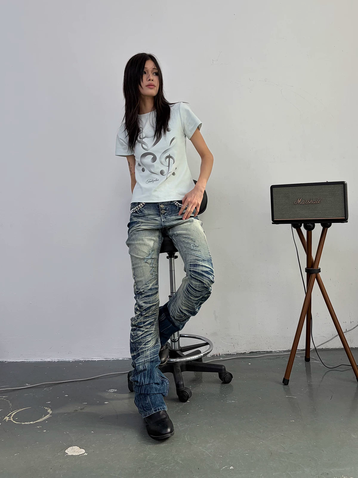 Ice Blue Studded Curved Skinny Jeans