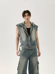 【25s Apr.】Vintage Distressed Denim Vest Vest Patchwork Trousers Casual Suit
