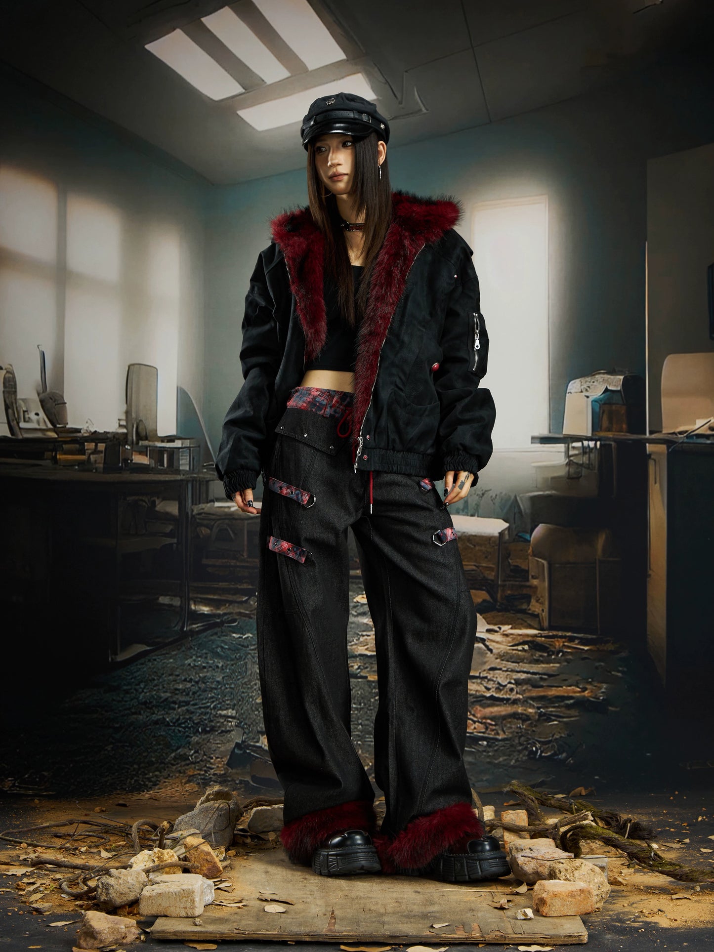 【25s Dec.】Red Plush Patchwork Textured Dark Short Jacket