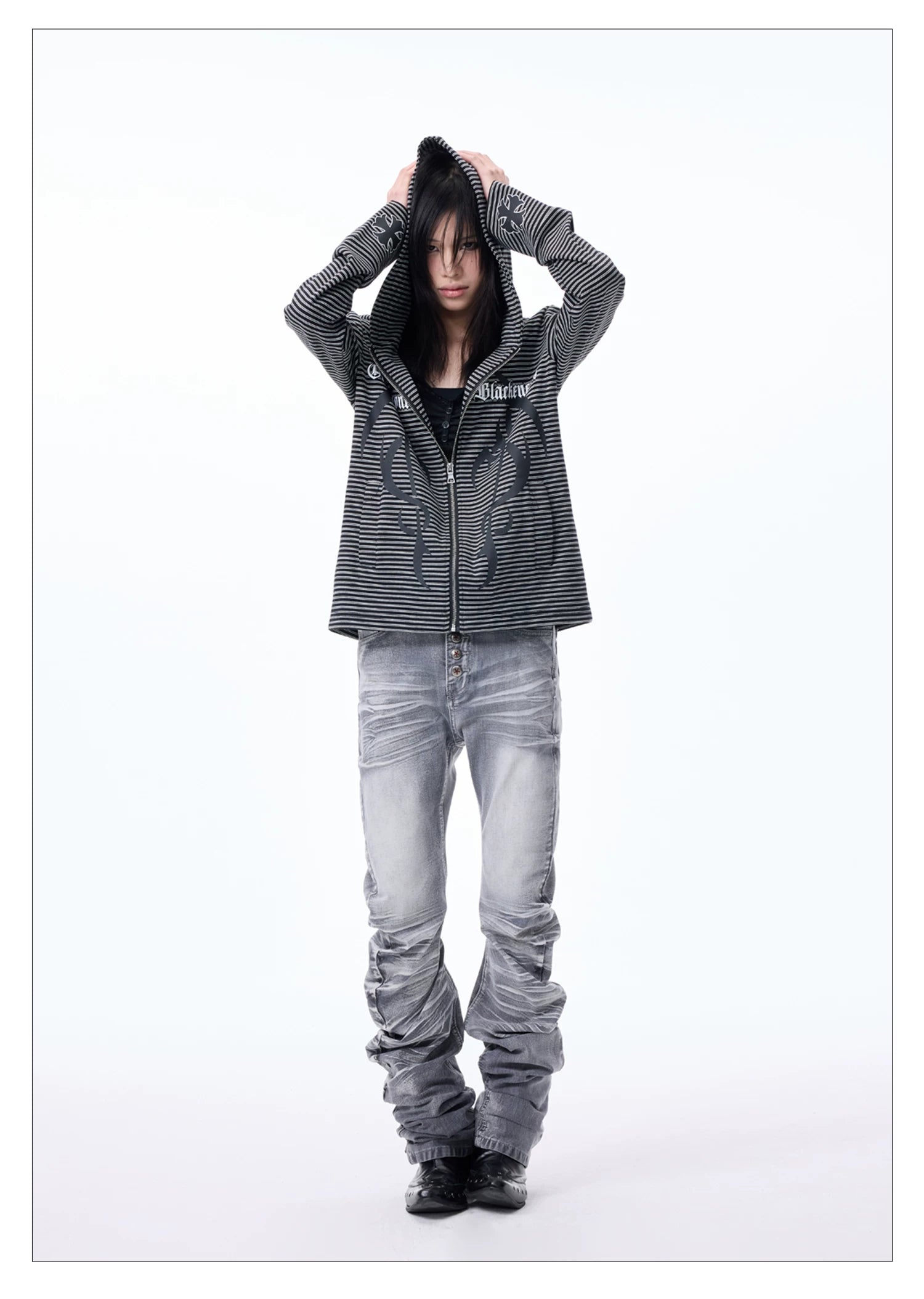 Striped Graphic Cropped Zip Hoodie
