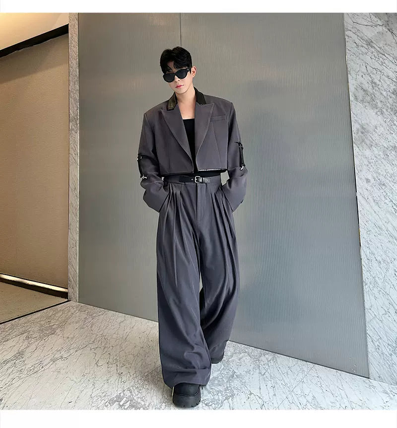 【26s Apr.】Color-Block Faux Leather Blazer & Wide-Leg Pants Set