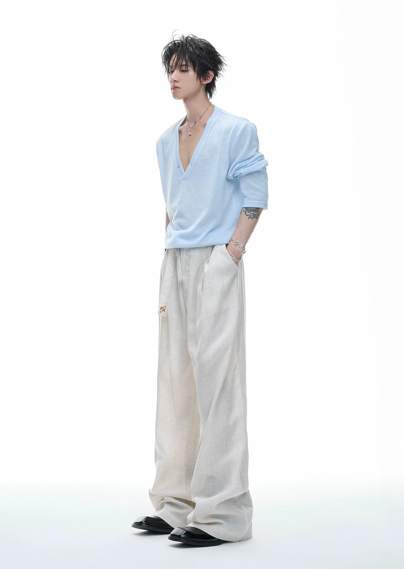 Deep V-Neck Relaxed Long Sleeve Tee