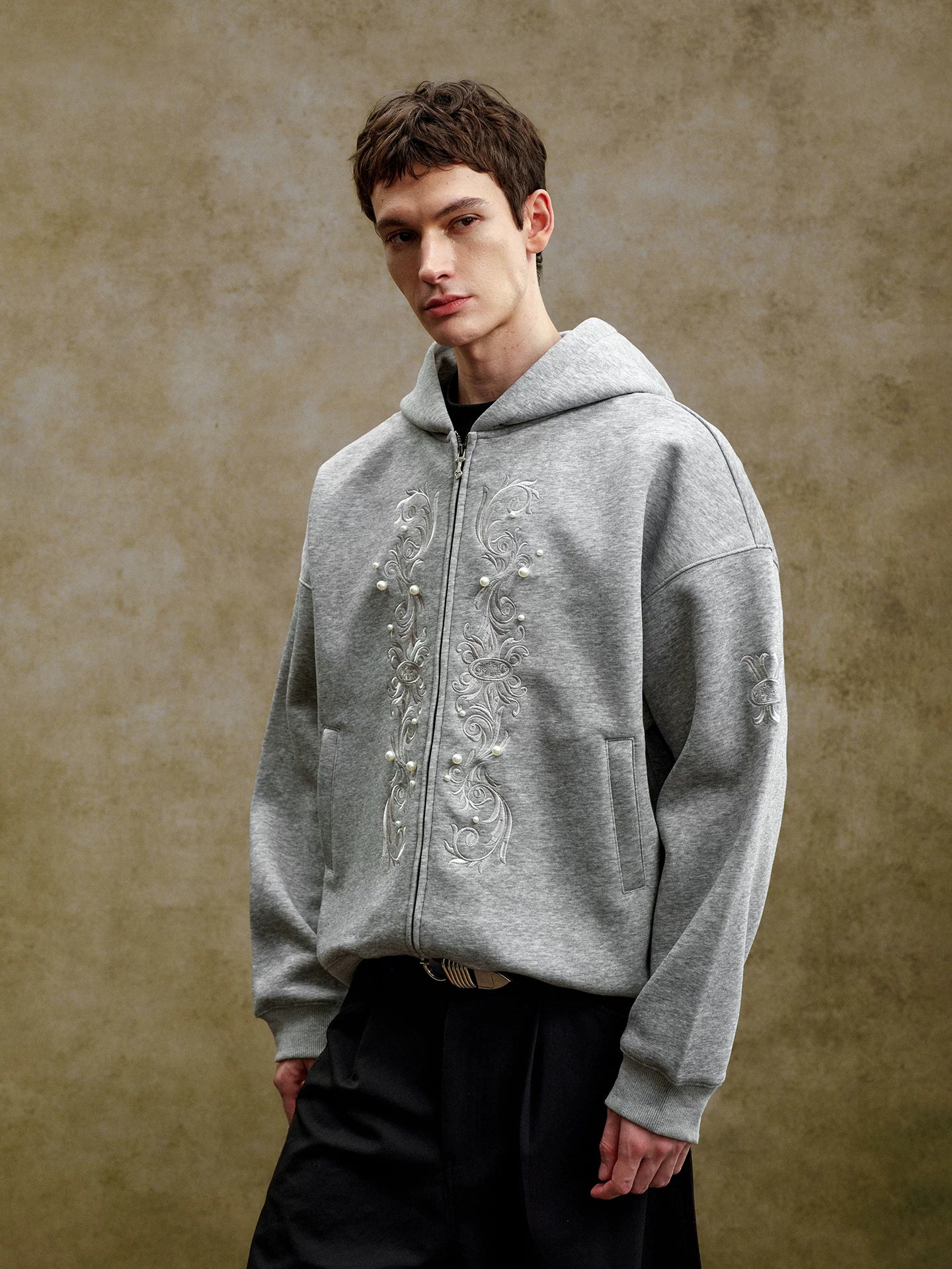 Vintage Embroidered Pearl Zip Hoodie