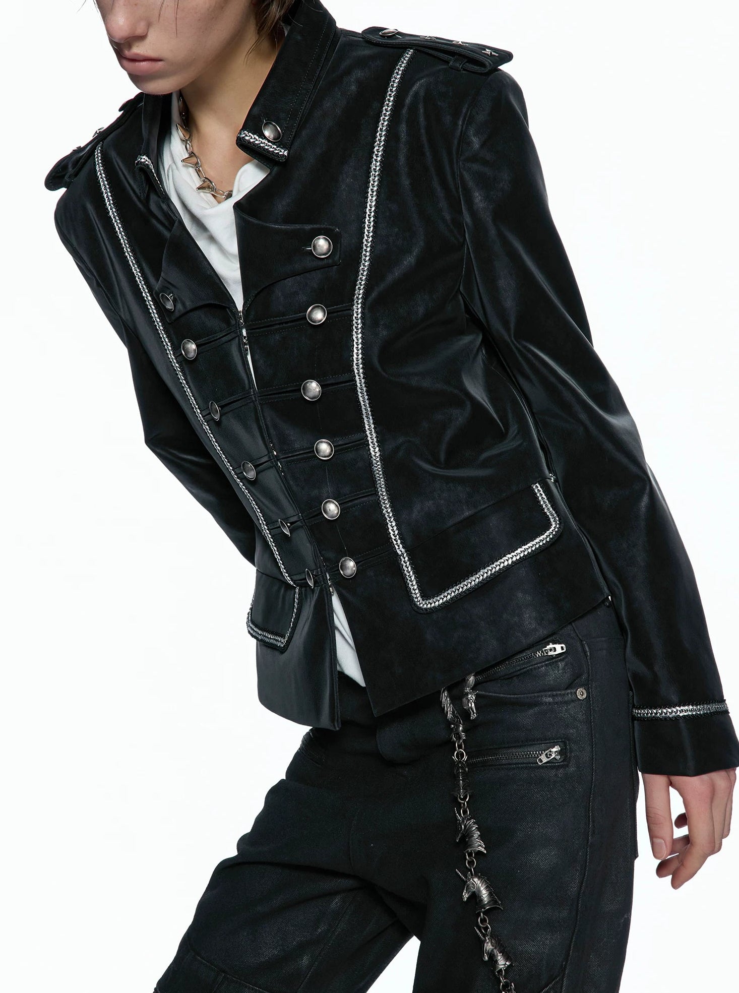 Silver Black Matte Leather Double-Breasted Structured Jacket