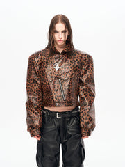 【25s Nov.】Leopard Print Metal Buckle Design Leather Jacket