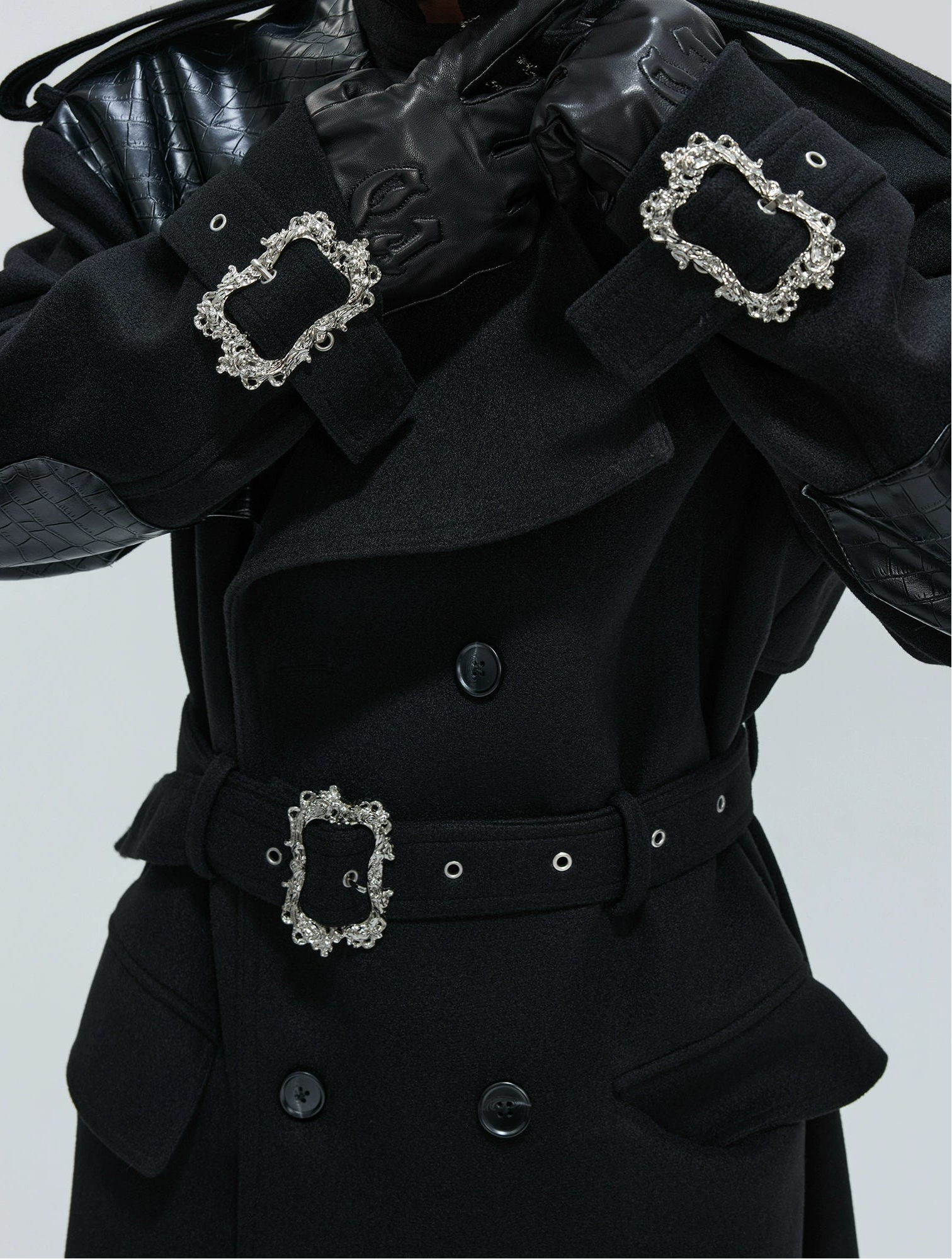 【25s Nov.】Crocodile-print Lace-up Metal Buckles Woolen Coat
