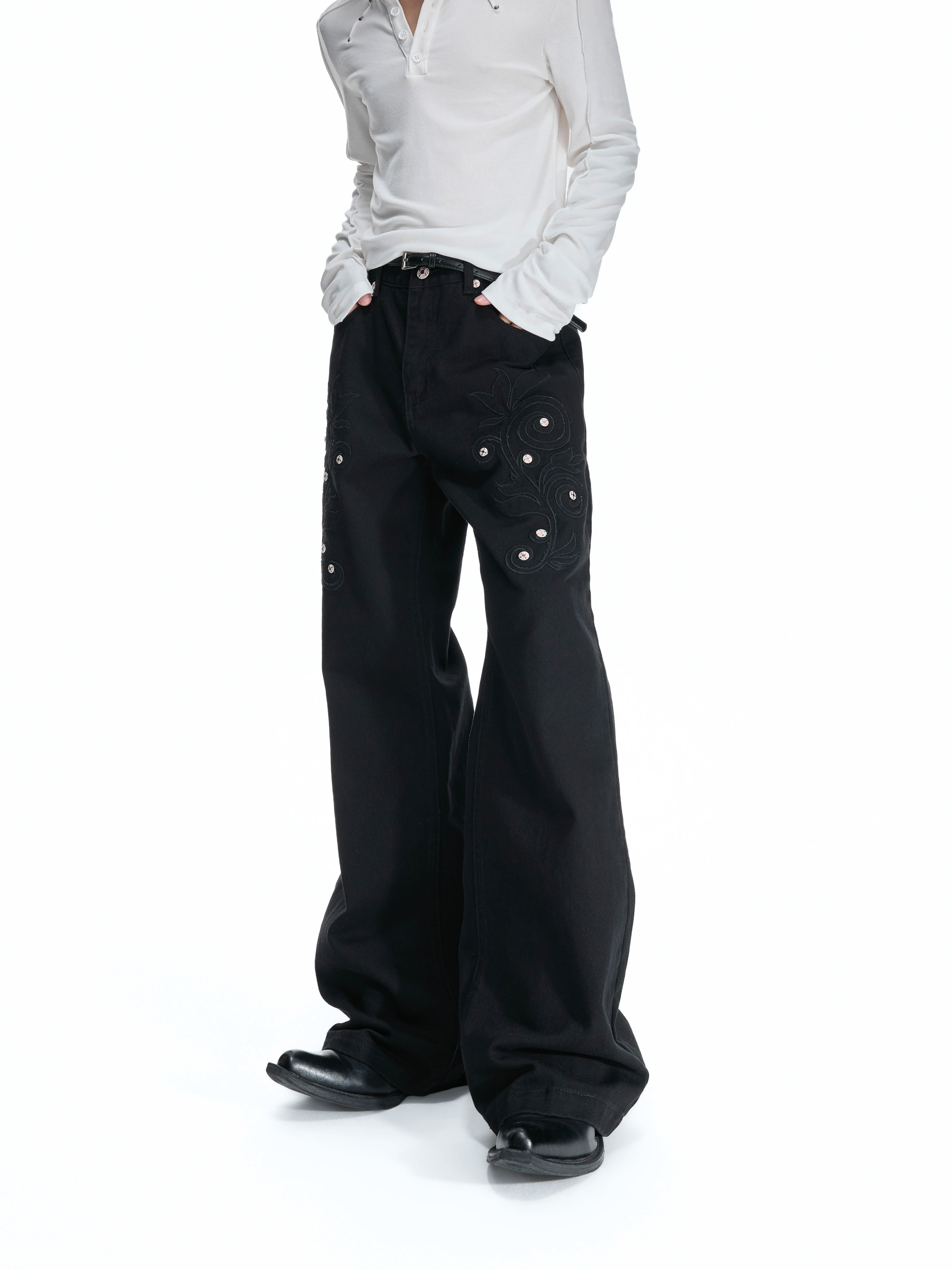 Rose Embroidered White Flared Jeans
