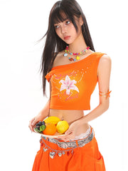 【25s June.】Floral Rhinestone Asymmetric Crop Top