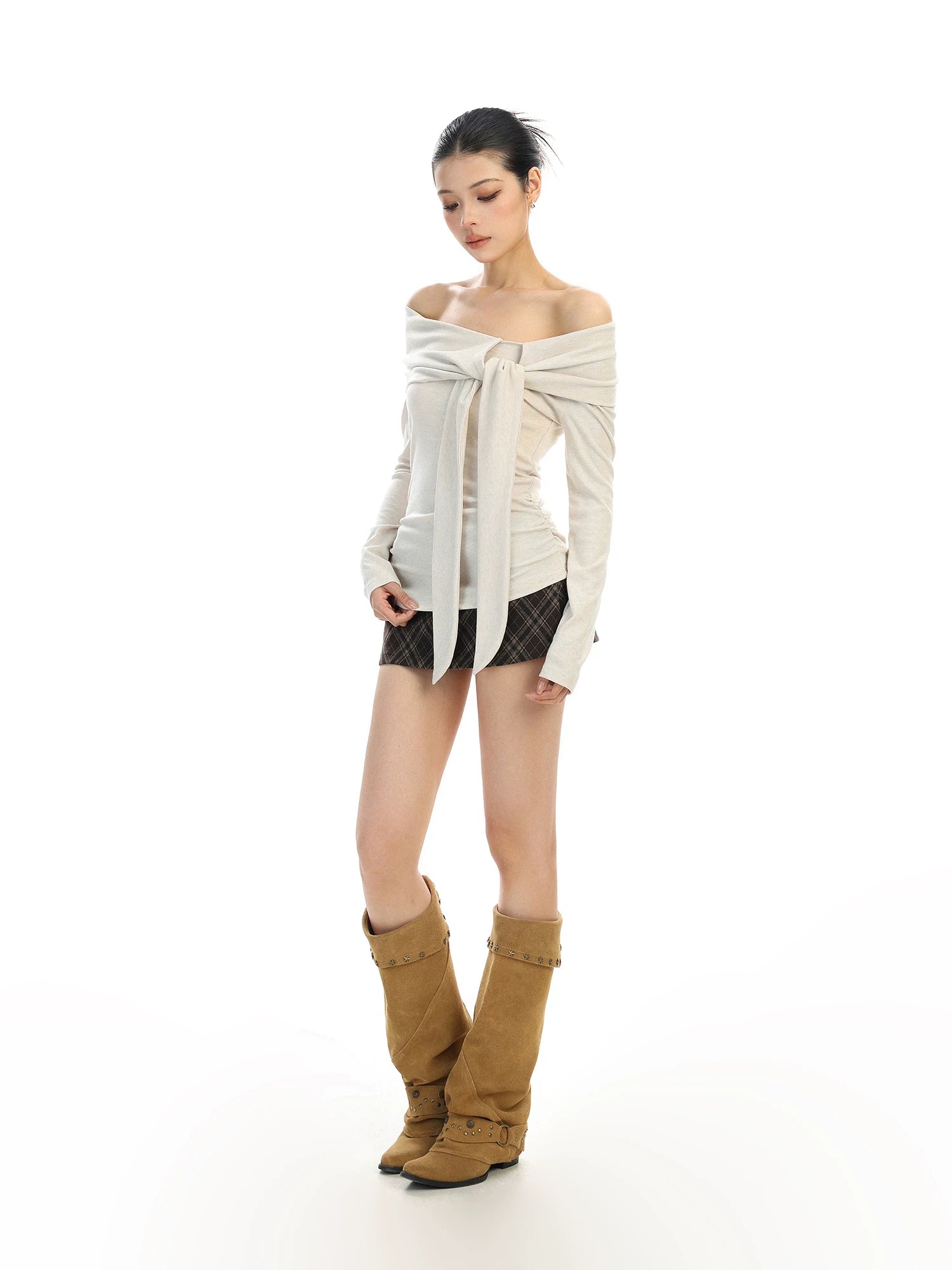 【26s Feb.】Ribbon Off-Shoulder Long-Sleeve Slim Fit Top