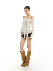 【26s Feb.】Ribbon Off-Shoulder Long-Sleeve Slim Fit Top