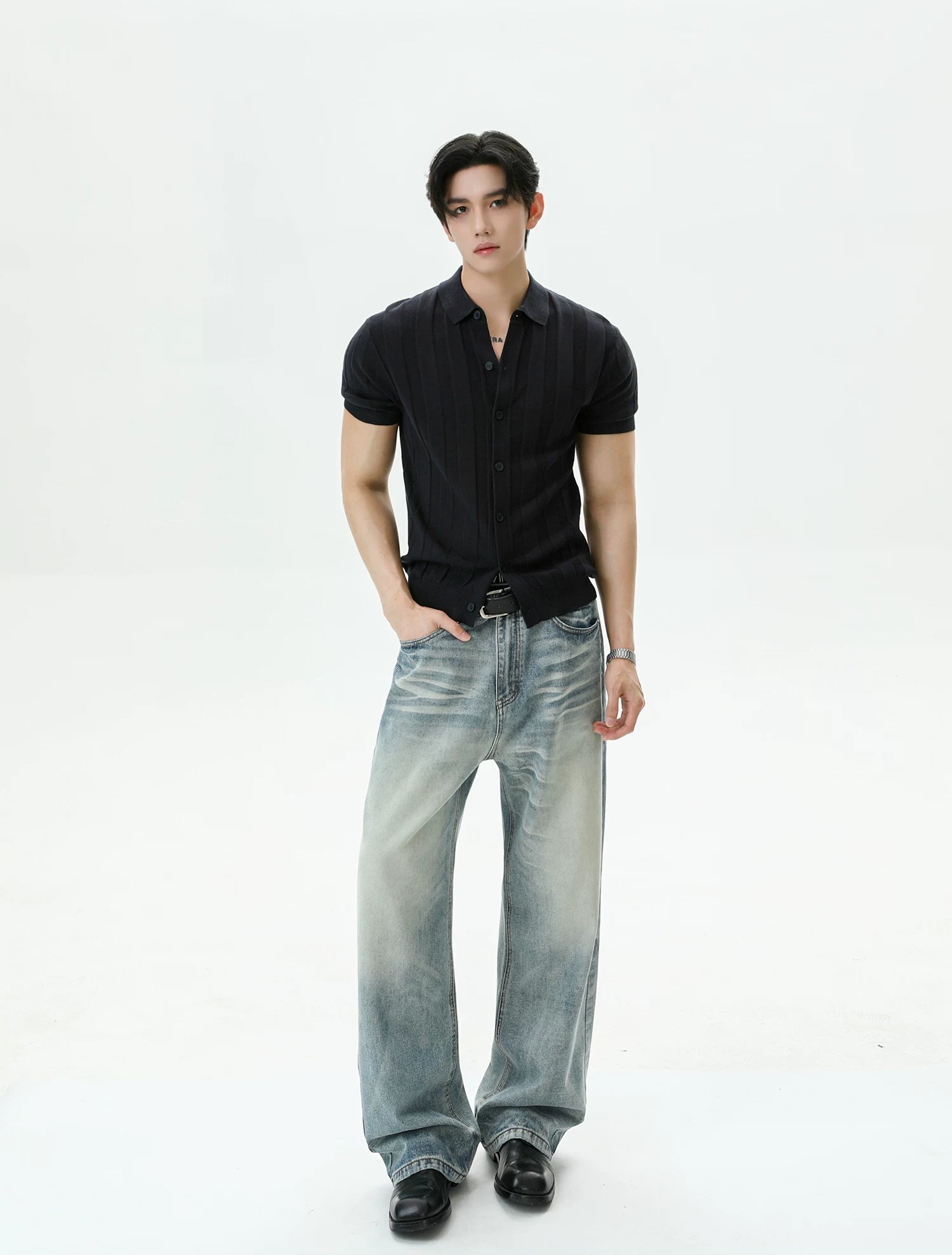 Ribbed Lyocell Knit Polo Cardigan