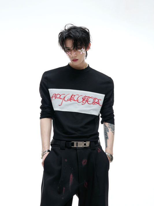 【25s Aug.】Mesh Elastic Slim Fit Embroidered Bottoming Shirt