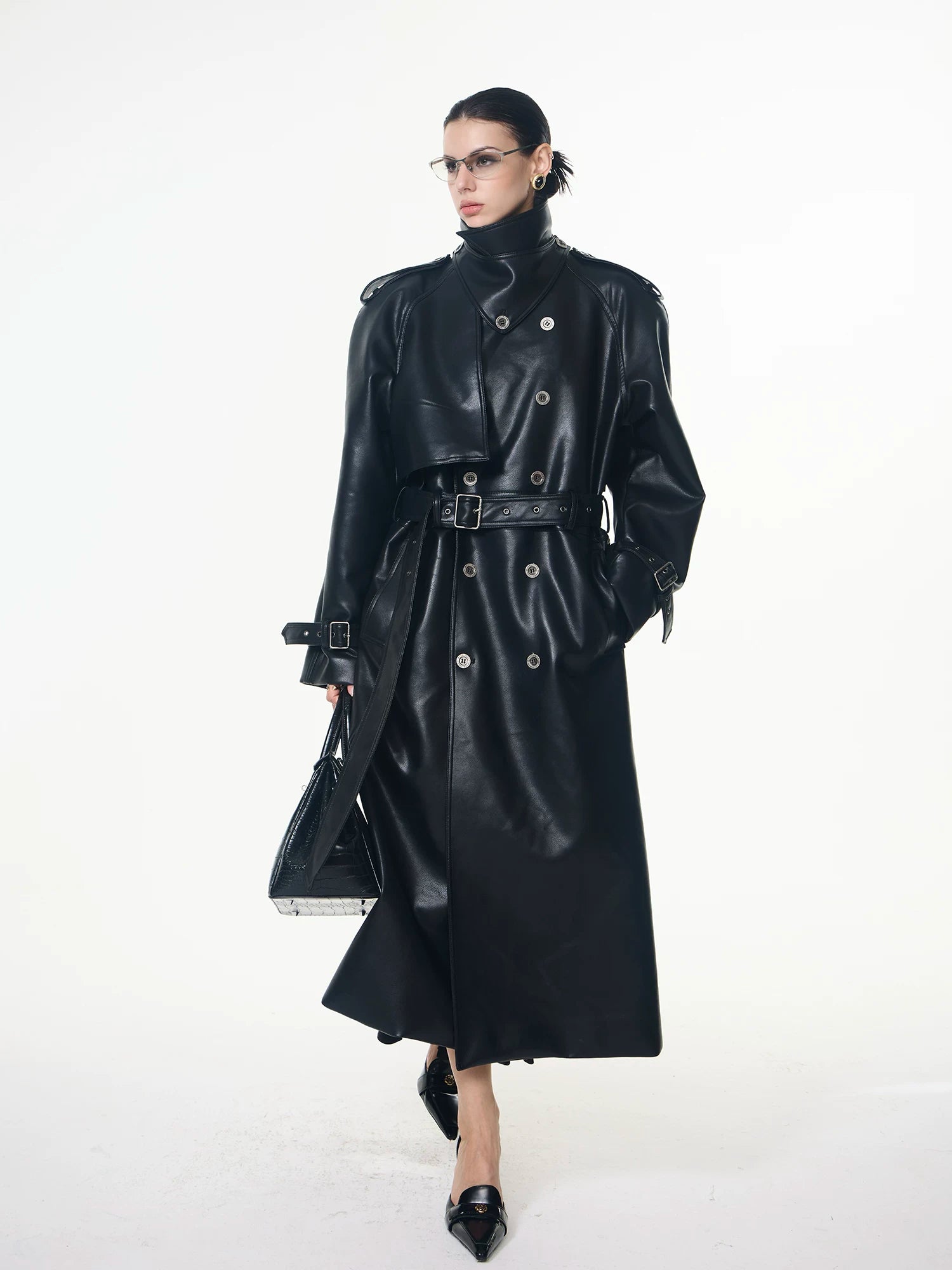 【26s May】Deconstructed PU Leather Double-Breasted Trench Coat