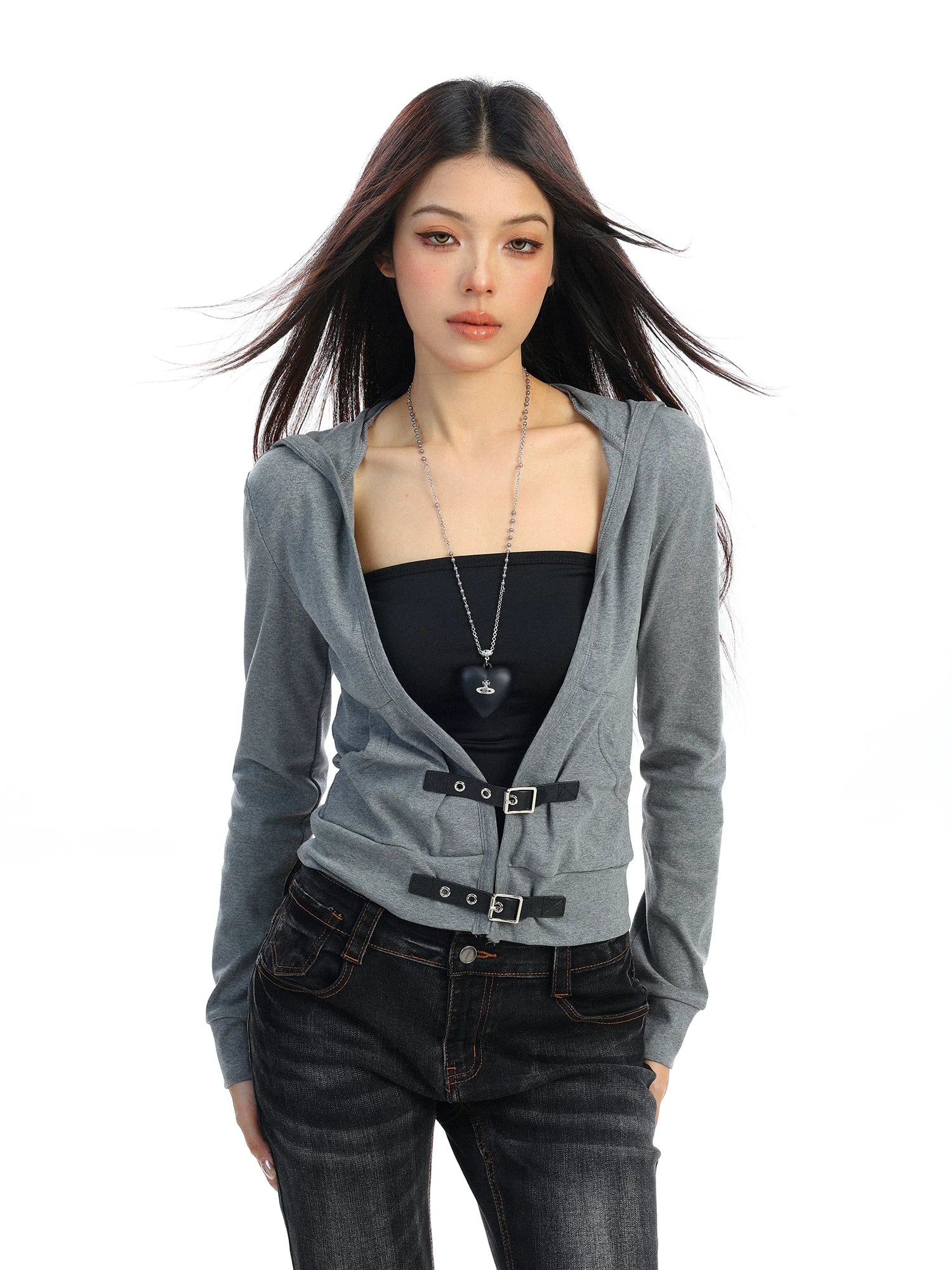 【26s Feb.】Leather Buckle V-Neck Hooded Long-Sleeve Cardigan Top