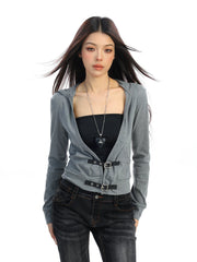 【26s Feb.】Leather Buckle V-Neck Hooded Long-Sleeve Cardigan Top