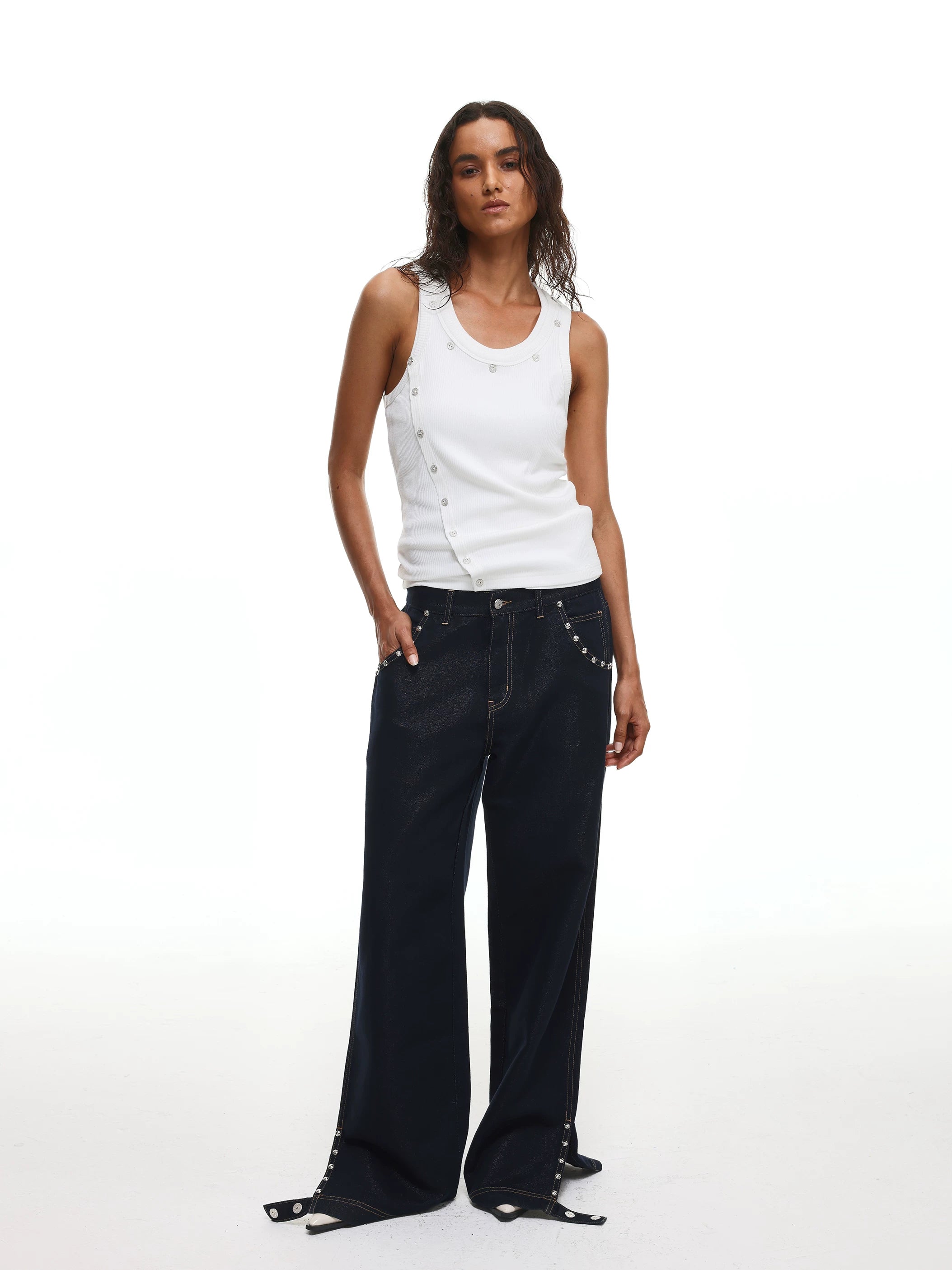 【26s May】Asymmetric Button Deconstructed Slim Tank Top