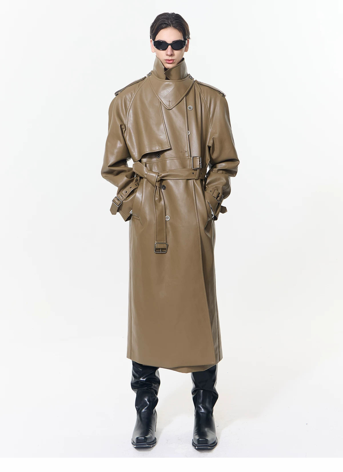 【26s May】Deconstructed PU Leather Double-Breasted Trench Coat