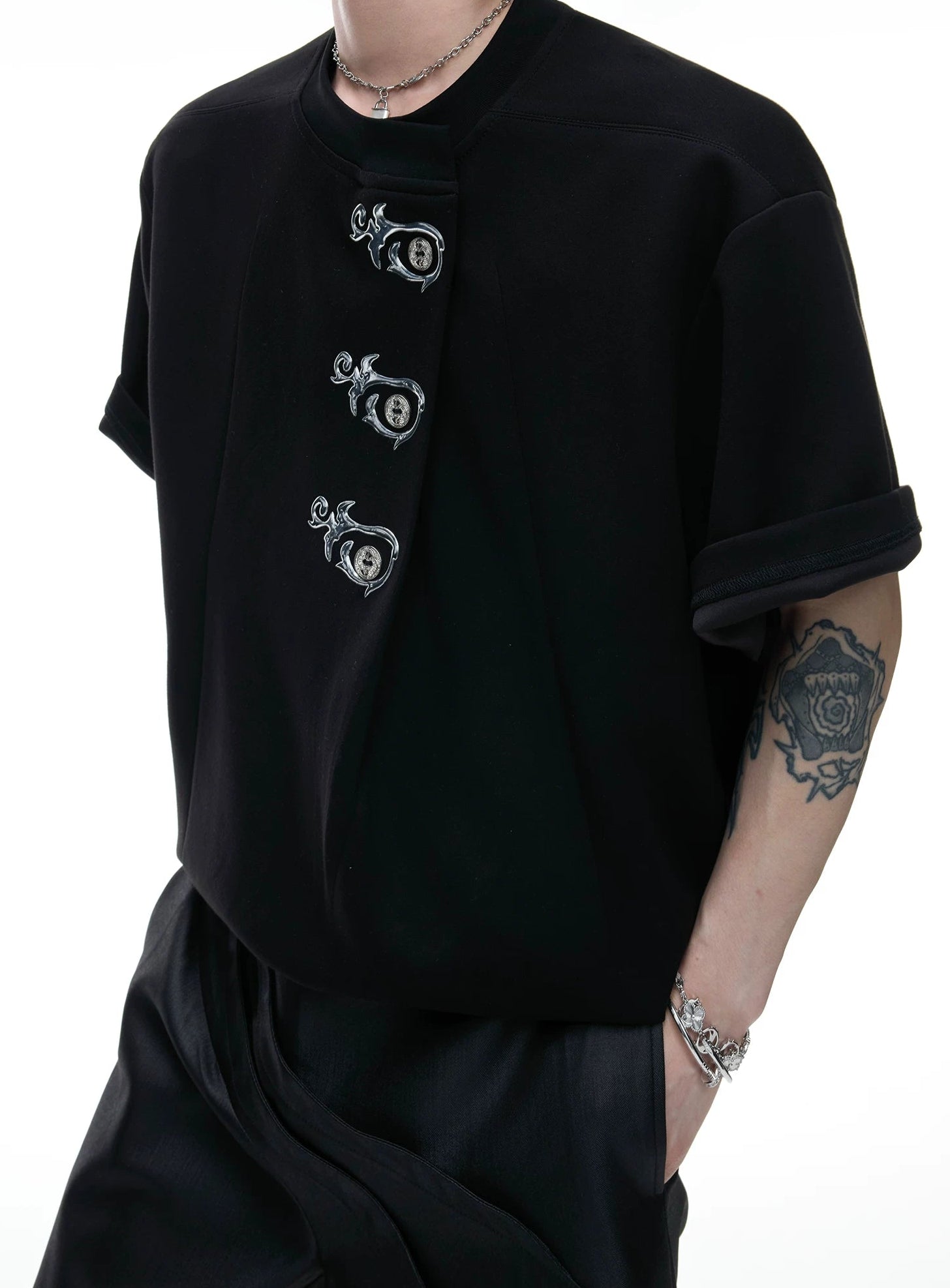 Asymmetric Placket Embroidered Tee