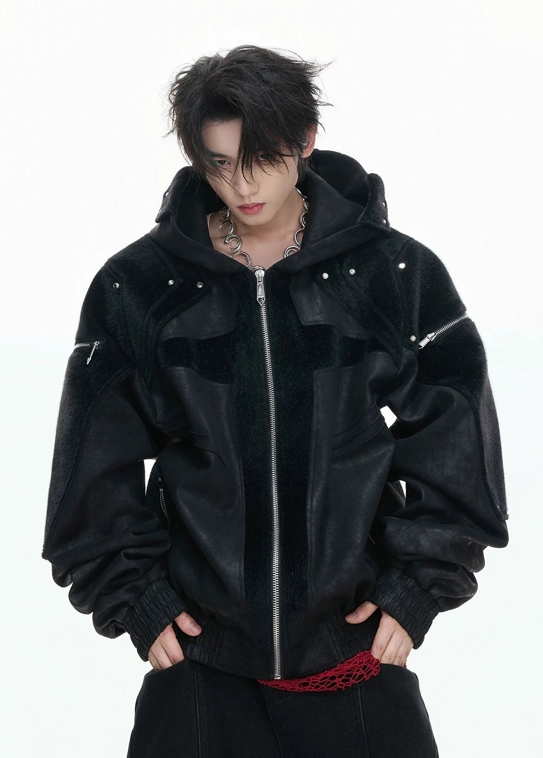 【26s Feb.】Matte Waxed Deconstructed Horsehair Hooded Leather Jacket