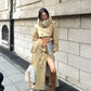 Elegant Khaki Short Trench Coat + Skirt Set